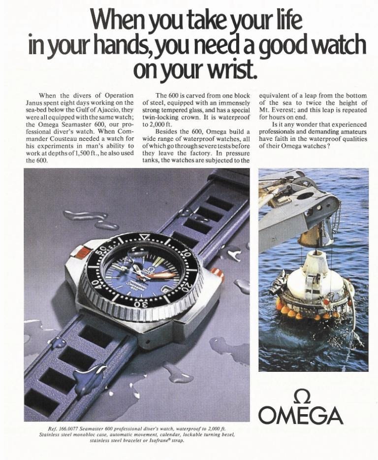 Omega Ploprof print advert showing images of the watch and saturation diving bells